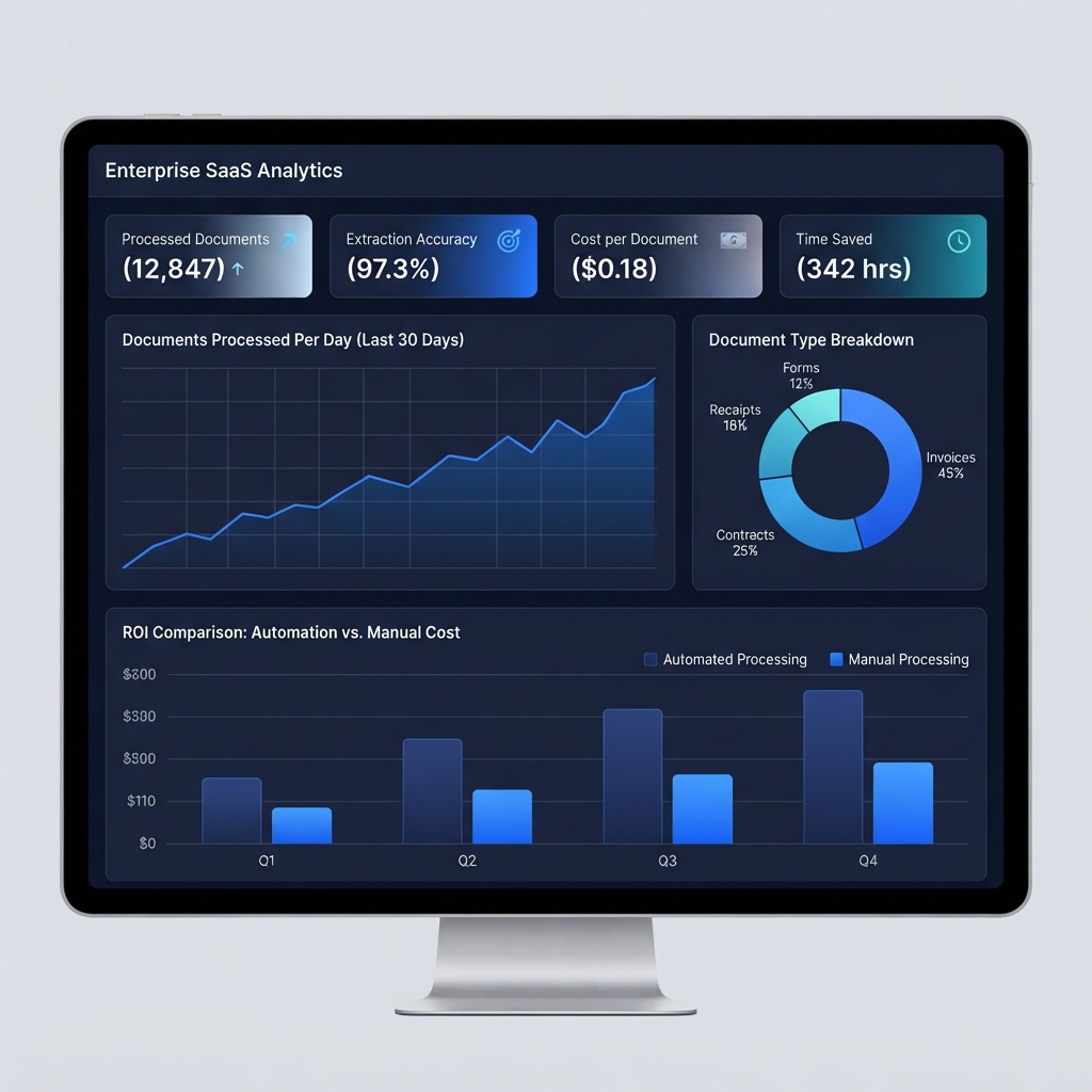 Enterprise AI implementation dashboard showing document automation analytics, accuracy metrics, and ROI tracking