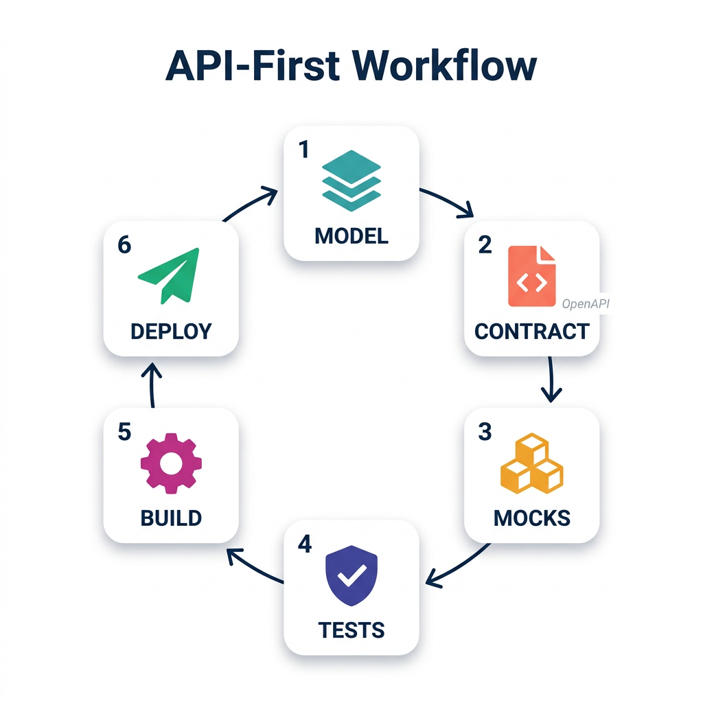 API-first strategy workflow diagram with six stages from domain modeling to deployment